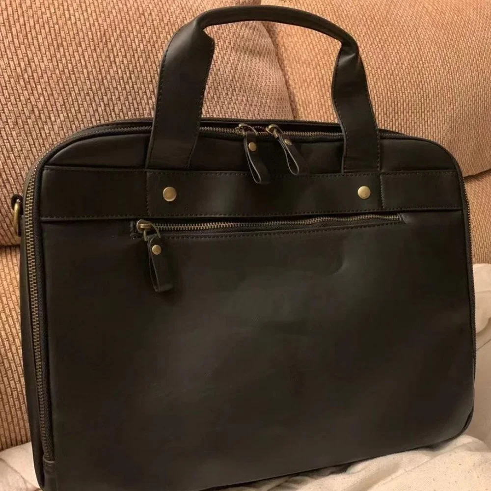 Men's Black Leather Waterproof laptop bag 15.6 Inch